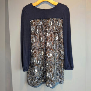 Tibi Silk & Wool Tunic Top Navy and Neutrals Size Small / Medium